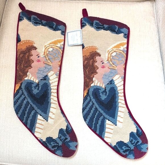 Handmade Wool Needlepoint Angel Christmas Stocking Cotton Velvet Backing Vintage - Picture 10 of 11